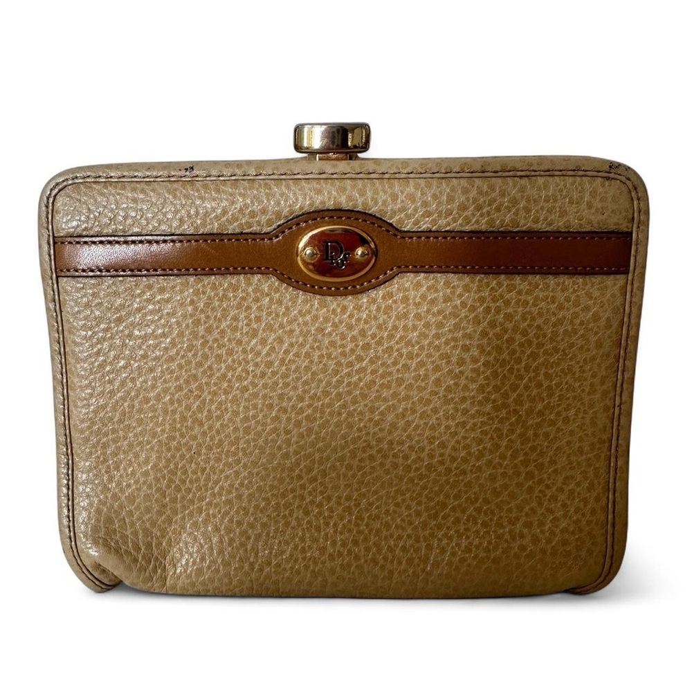 Vintage Christian Dior Tan Leather Wallet Coin Purse Gold Accents Clasp Closure